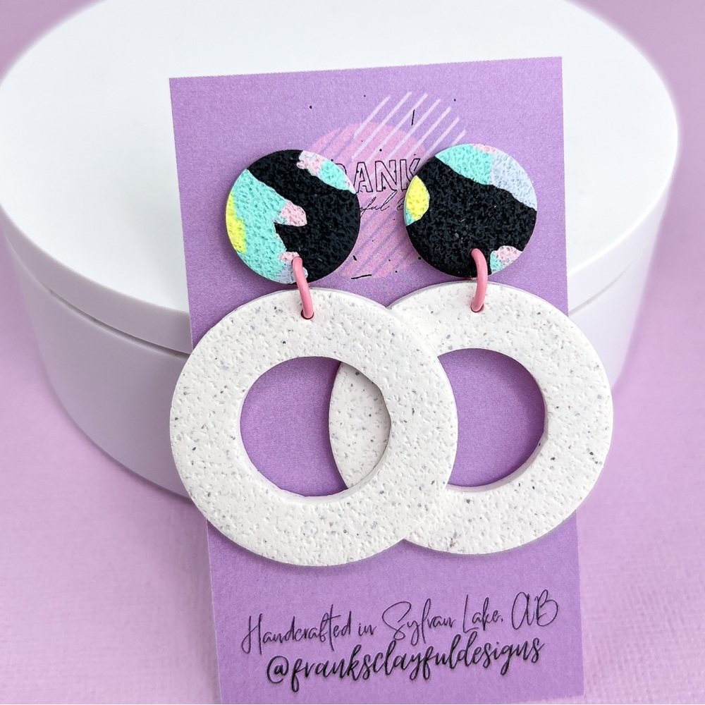Colourful Pattern with White Granite Handmade Polymer Clay Hoop Earrings